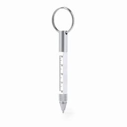 A keyring pen with a silver and white design featuring a ruler along its length.