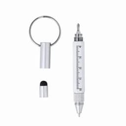 A silver pen with a ruler and a cap, accompanied by a keyring. The pen features a black stylus tip.