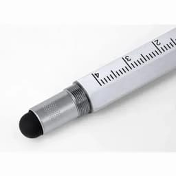 A measuring tape with a white tape and a silver metal casing, featuring a black rubber end for marking.