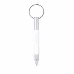 A keychain pen with a white barrel and silver accents, featuring a circular metal ring for attachment.