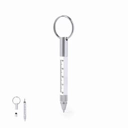 A keychain pen with a white body and silver accents, featuring a measurement scale on the side.