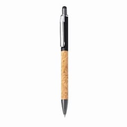 A pen with a black top and a cork-covered barrel, featuring a silver clip and tip.