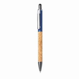 A pen featuring a blue top section and a cork barrel, with a metal clip and tip.