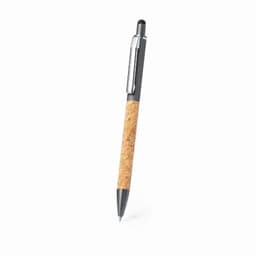 A pen with a cork barrel and black accents, featuring a clip at the top. It has a sleek, modern design.