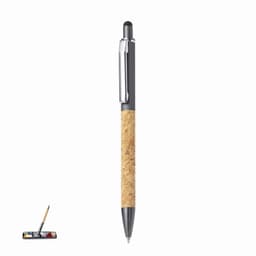 A pen with a cork barrel and a black top, displayed upright against a plain background. It features a branding logo.