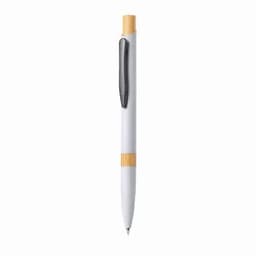 A pen with a white barrel and a bamboo accent, featuring a black grip and a clip.
