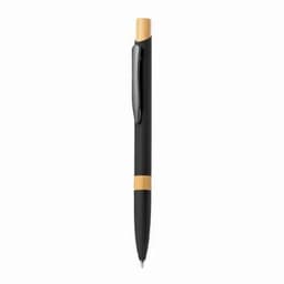 A black pen with a bamboo accent and a clip. The pen has a minimalist design and a sleek finish.