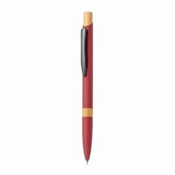 A sleek red and bamboo pen with a black clip, designed for a modern look.