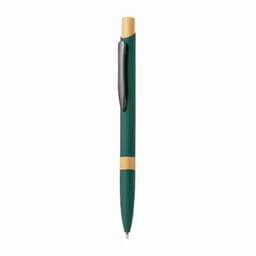 A green pen with a bamboo accent and a silver clip, featuring a sleek, minimalist design.