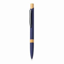 A pen with a navy blue barrel and bamboo accents, featuring a black clip. It has a sleek, modern design.