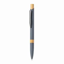 A grey pen with a bamboo accent and a clip, featuring a smooth design for writing.