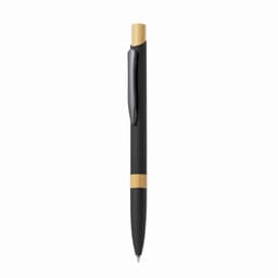 A black pen with a bamboo accent, featuring a sleek design and a clip for easy attachment.