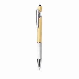 A pen with a bamboo barrel and a silver clip, featuring a white grip and chrome accents.