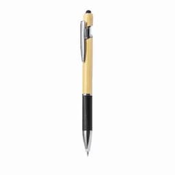A pen with a bamboo barrel, silver accents, and a black rubber grip. It features a clip for attachment.
