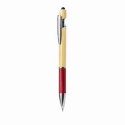 A pen with a bamboo barrel, a red textured grip, and a chrome clip. It features a sleek design and has a logo.