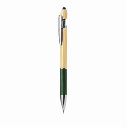 A pen featuring a bamboo body, a green accent, and a silver clip, with a visible logo.