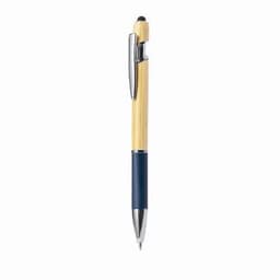 A pen featuring a bamboo barrel, blue grip, and silver accents, with a branding logo on the side.