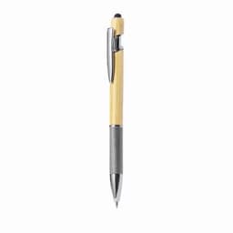 A pen featuring a bamboo barrel, metal grip, and silver accents. The design combines natural and metallic elements.