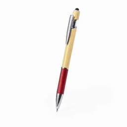 A pen with a bamboo body and a red grip, featuring a silver clip and tip. It has a black stylus on the top.