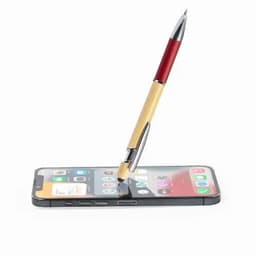 A stylus pen with a red and wooden body rests on a smartphone's screen, featuring a sleek silver clip.