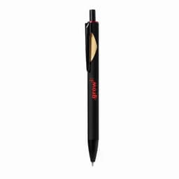 A black pen with a red clip and a logo on the side. The design features a clear section in the middle.