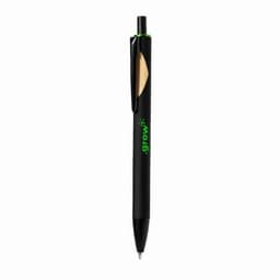 A black pen with a green detailing and a branding logo on the side.