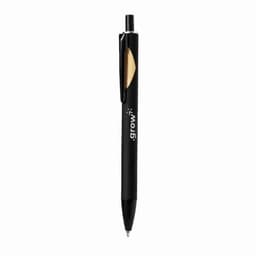 A black pen with a gold accent and a logo featuring a design on the barrel.
