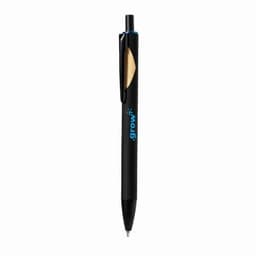 A black pen with a blue accent and a clip, featuring a branding logo.