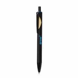 A black ballpoint pen with a clear grip section and a logo on the barrel.