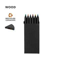 A set of coloured pencils in a black recycled cardboard holder, featuring seven pencils with vibrant tips.