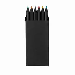 A set of six multi-coloured crayons in a sleek black holder. The crayons feature green, blue, yellow, orange, red, and black tips.
