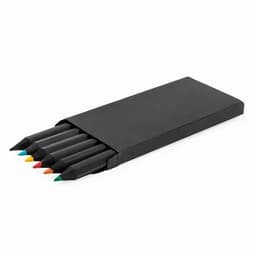 A set of six coloured pencils in a black case, featuring vibrant tips in green, yellow, orange, red, blue, and purple.