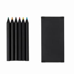A set of six coloured pencils in vibrant hues next to a plain black notebook. The items are arranged on a white background.