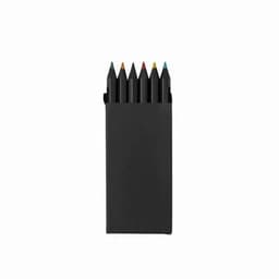 A set of six coloured pencils in a black case with a logo. The pencils feature red, orange, yellow, green, blue, and black tips.