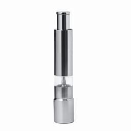 A drink bottle in a sleek silver design with a transparent section and a logo on it.