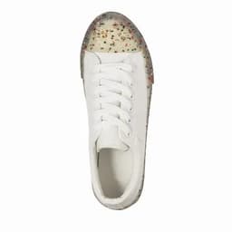 A white sneaker with a speckled multicoloured rubber sole and traditional lace-up design.