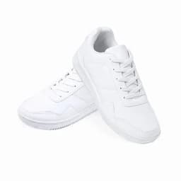 A pair of white sneakers featuring a simple design and laces. The shoes have a textured sole and minimal branding.