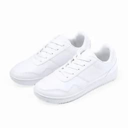 A pair of white sneakers with a classic design, featuring laces and a textured sole.