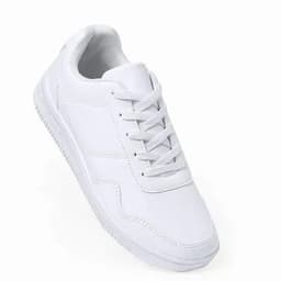 A white sneaker with a classic design featuring laces and a textured sole. It has a simple, clean aesthetic.