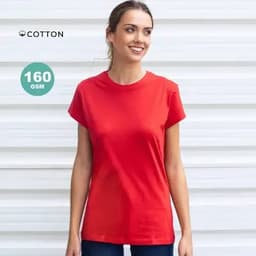 A red cotton t-shirt with short sleeves displayed on a model against a light background. It features a logo.
