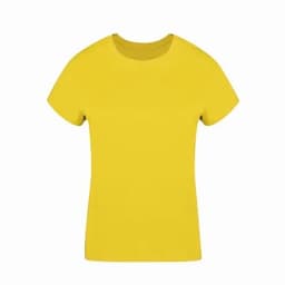 A yellow t-shirt with a classic crew neckline and short sleeves, featuring a blank design.