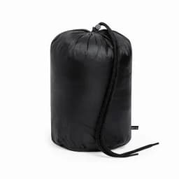 A black jacket storage bag with a drawstring closure and a logo.