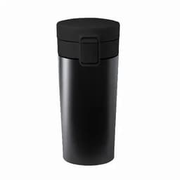 A drink bottle in sleek black with a lid and locking mechanism. Features branding on the side.