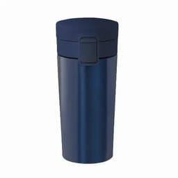 A drink bottle in a dark navy blue with a secure lid and a sleek design. It features a logo on the surface.