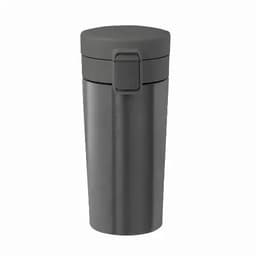 A drink bottle in grey with a secure flip-top lid and a sleek, cylindrical design. It features a logo.