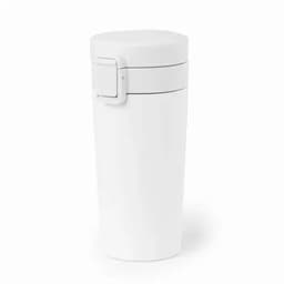 A drink bottle in white with a removable lid and a logo on the side.