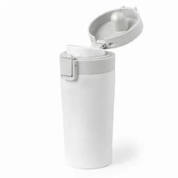 A drink bottle in white with a grey lid, featuring an opening mechanism and a logo.