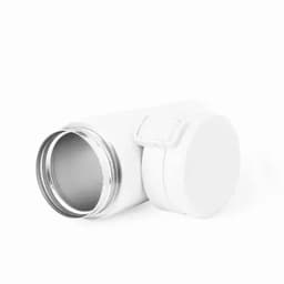 A white drink bottle with a silver metal opening and a secure lid. It features a simple, modern design.