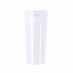 A drink bottle in a sleek white design, featuring a lid and a smooth surface. Includes a logo.