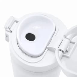 A drink bottle in white with a sleek design and a lid featuring a drinking opening. It has a logo on the side.
